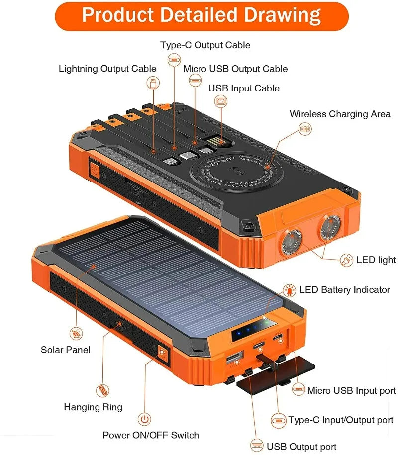 Solar Wireless Portable Power Bank - 30000 mah