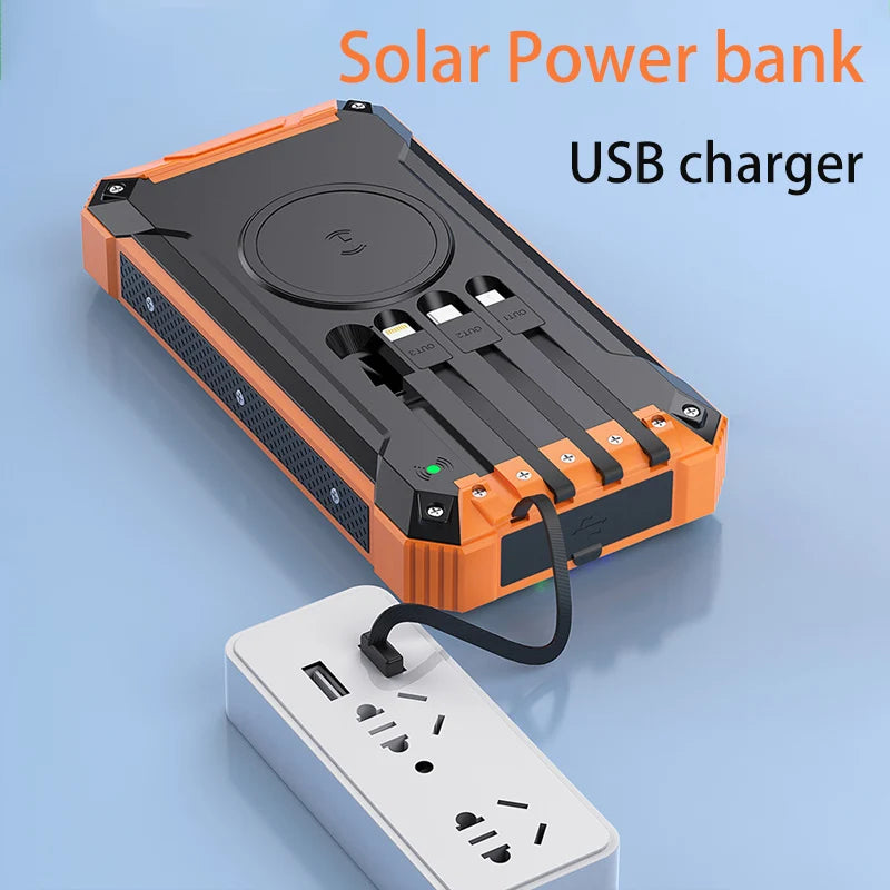 Wireless Charger Solar Power Bank Built-in Cables Waterproof/Shockproof