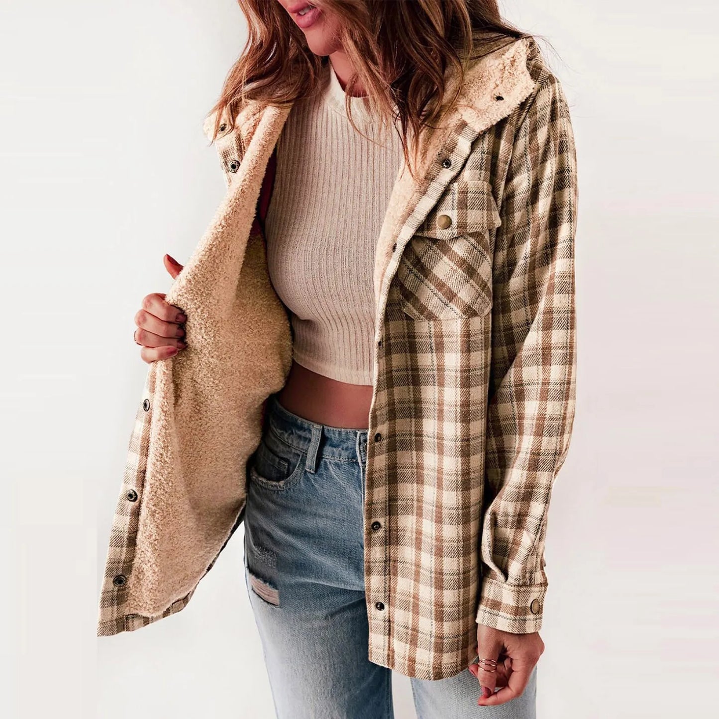 Plush Check Print Hooded Coat