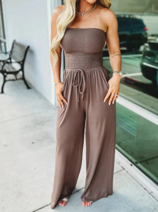 Off Shoulder Solid Color Smocked Jumpsuit