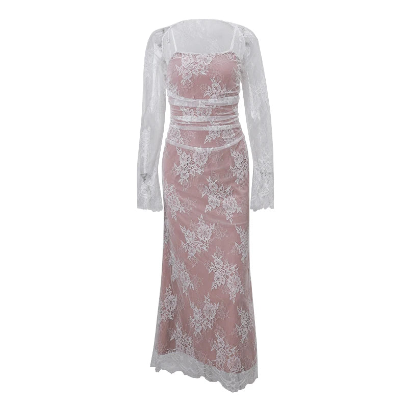 Shawl Drawstring Lace Maxi Dress