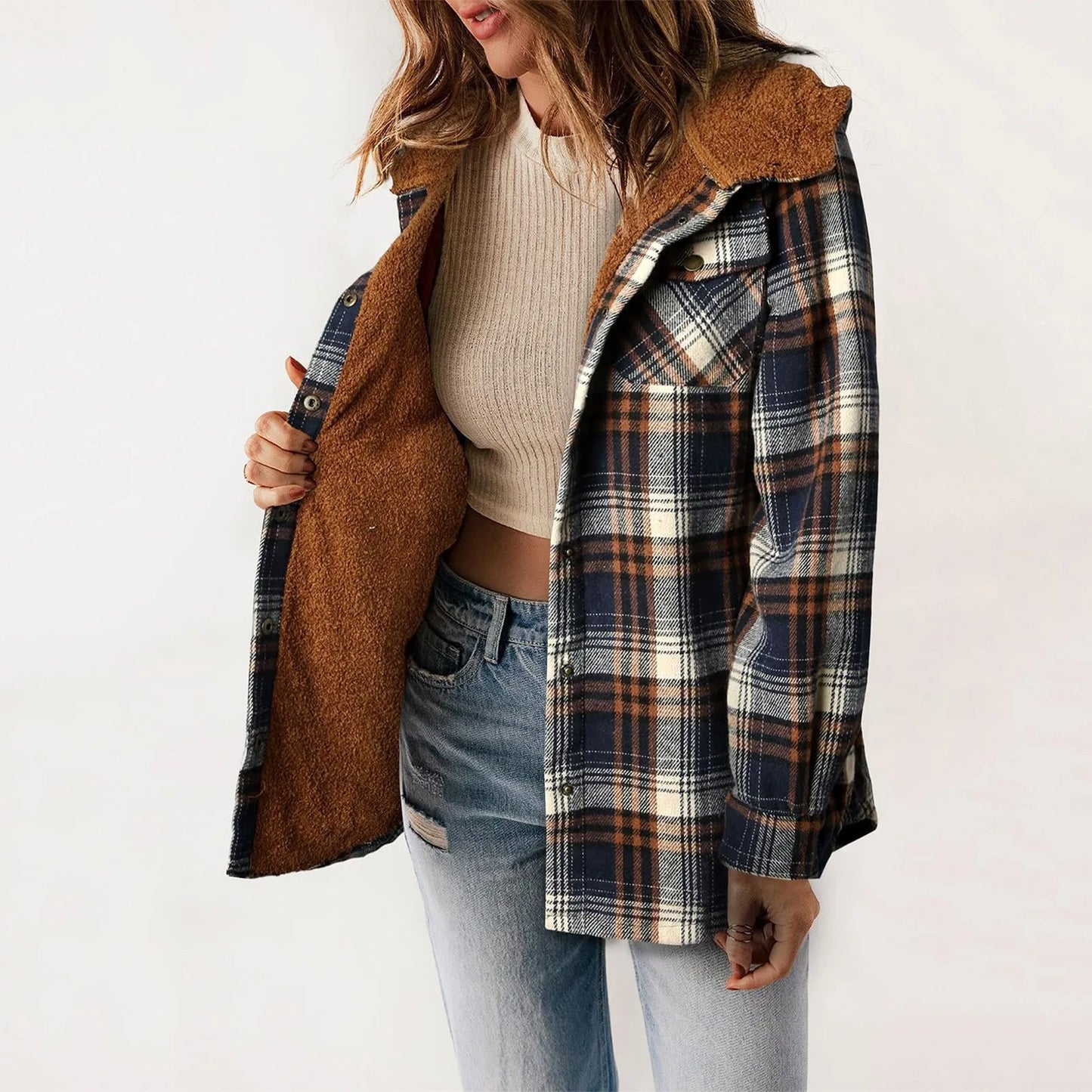 Plush Check Print Hooded Coat