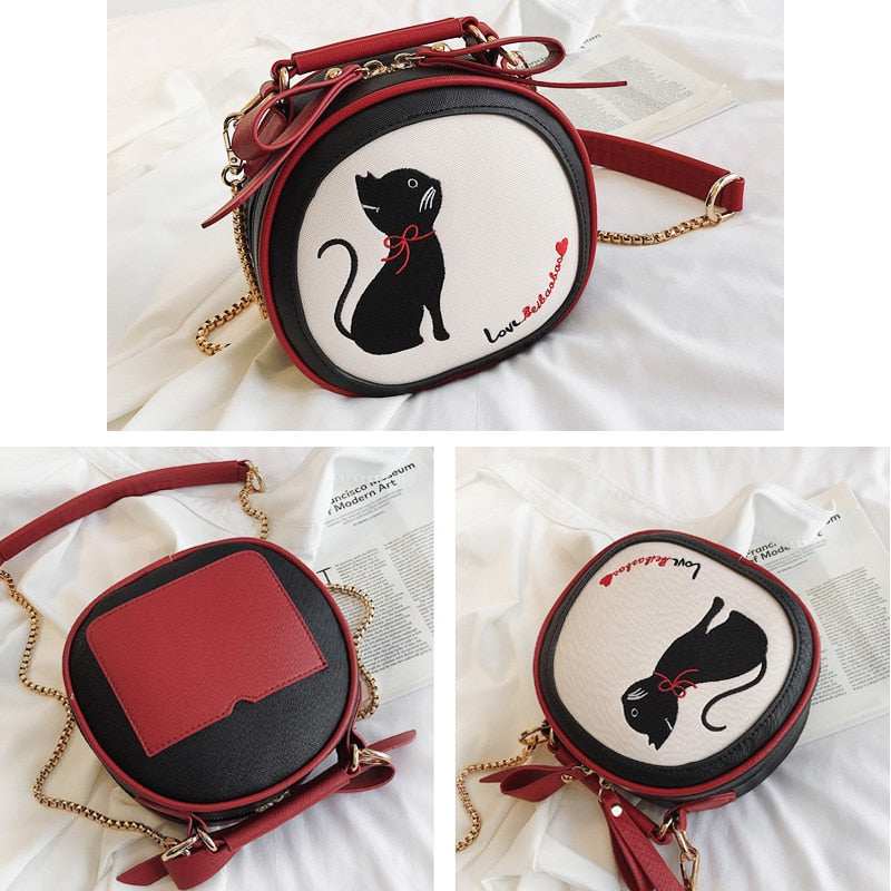 Women's  Embroidery Cat Shoulder Bag - High Quality PU Leather Bag