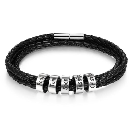 Men Braided Leather Bracelet with Small Custom Beads