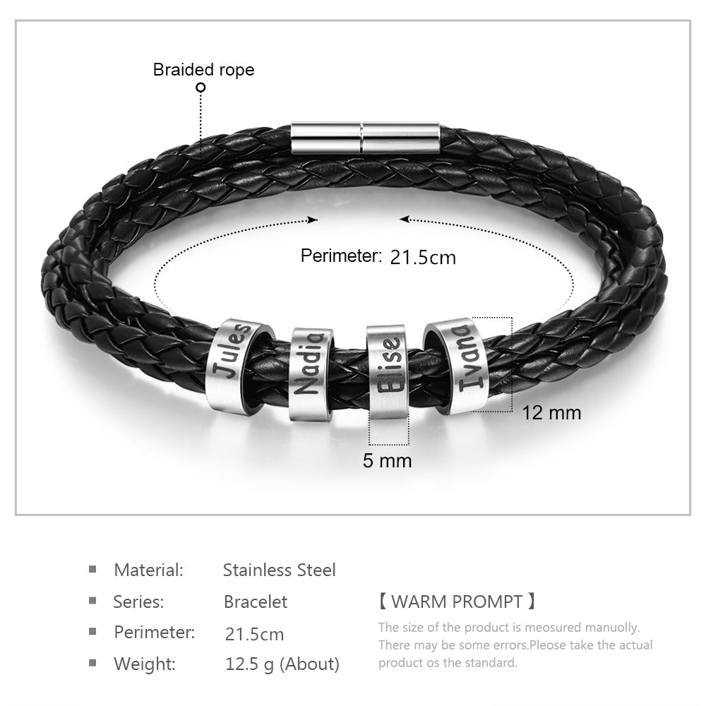 Men Braided Leather Bracelet with Small Custom Beads