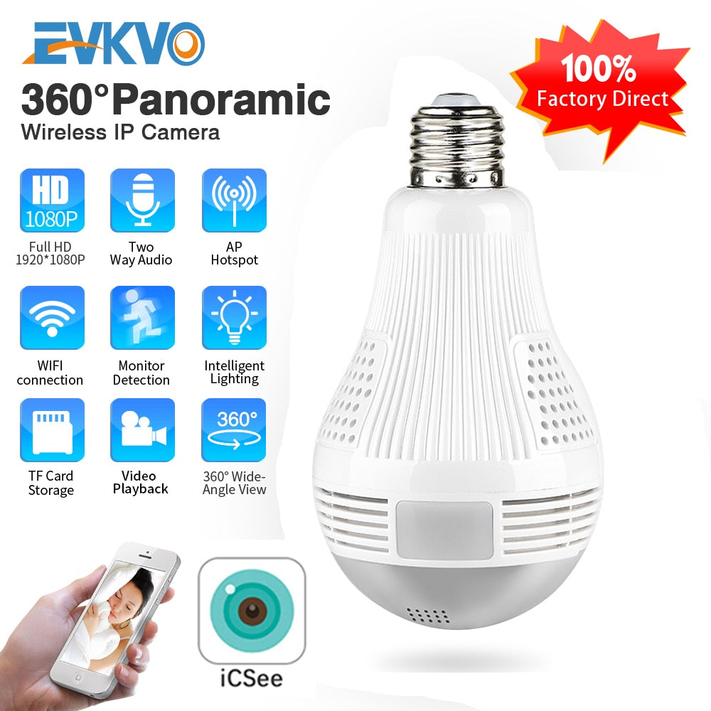 Wireless 360° Panoramic Wifi HD 1080P MOTION ACTIVATED Light Bulb Camera