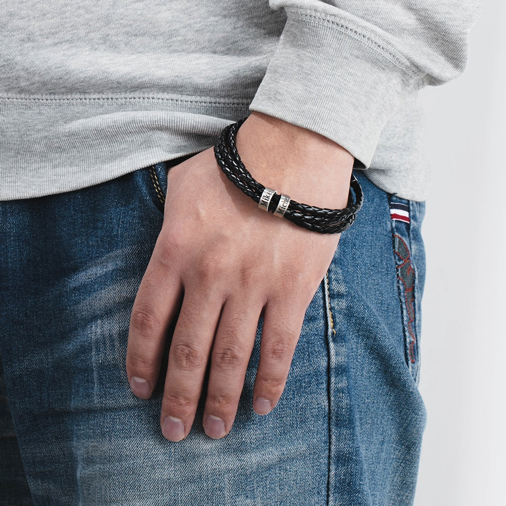 Men Braided Leather Bracelet with Small Custom Beads