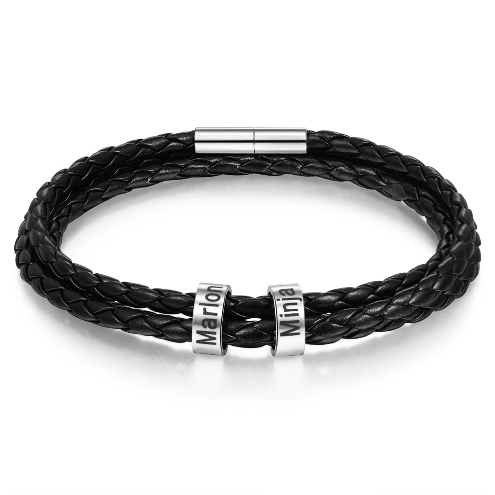 Men Braided Leather Bracelet with Small Custom Beads