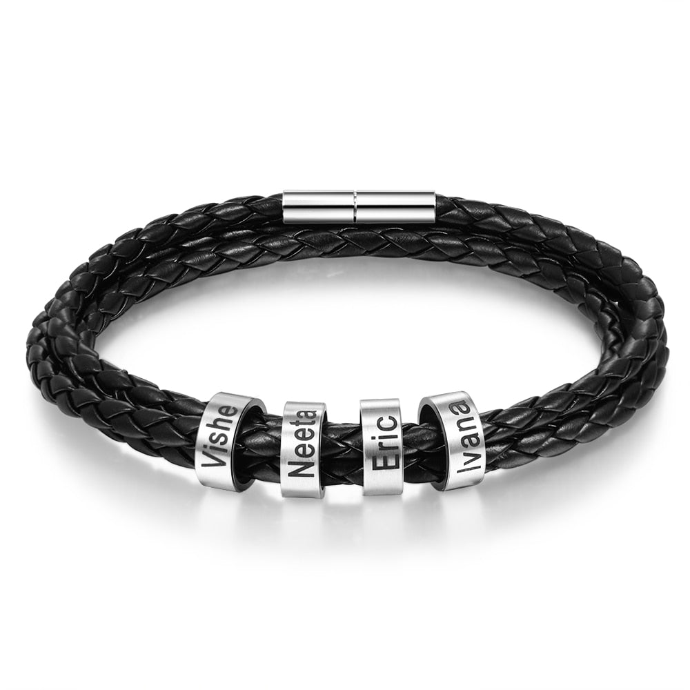 Men Braided Leather Bracelet with Small Custom Beads