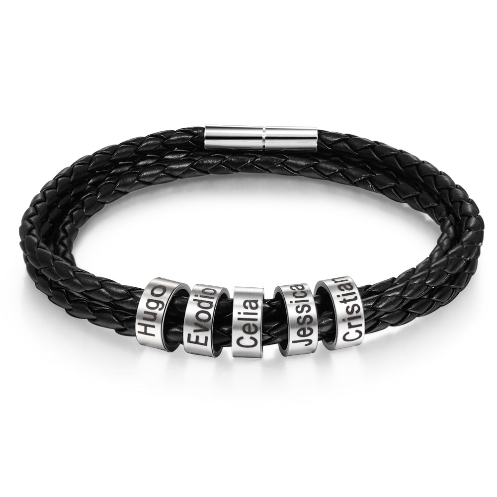 Men Braided Leather Bracelet with Small Custom Beads