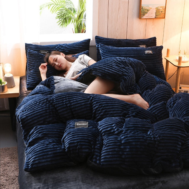 3 Pcs AB Sided Thicken Corduroy Velvet Winter Bedding Set Full Queen King Size Duvet Cover