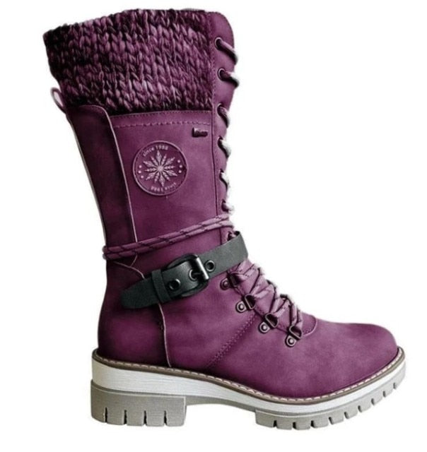 BUCKLE LACE KNITTED MID-CALF BOOTS