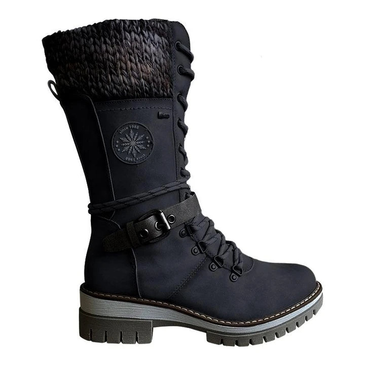 BUCKLE LACE KNITTED MID-CALF BOOTS